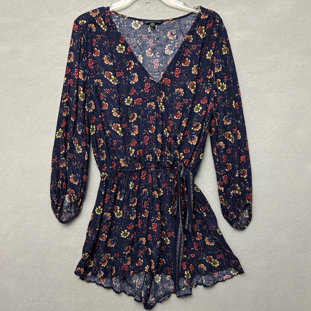 American Eagle Women M Romper Blue Floral Boho Long Sleeve V-Neck Elastic Waist